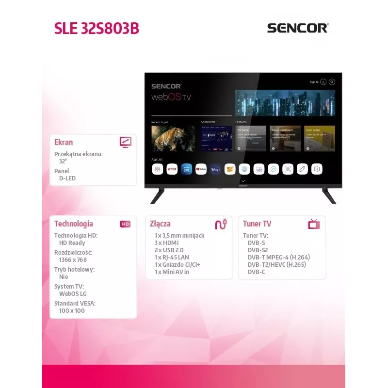LED SMART TV SENCOR SLE 32S803B 32 Zoll webOS HD 1366×768, HDR10, Wi‑Fi, Bluetooth, DVB‑T/T2/C/S/S2, 3×HDMI, 2×USB