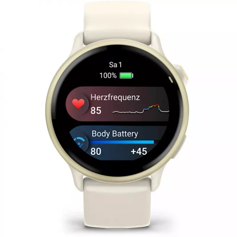Garmin vívoactive 6 Smartwatch 42 mm, 1,2" AMOLED 390 x 390, Touchscreen, GPS, WLAN, 8 GB, Aluminiumgehäuse Lunar Gold, Silikonarmband Bone