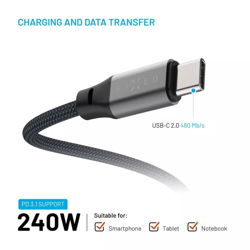 Magnetisches geflochtenes USB-C-auf-USB-C-Kabel FIXED FIXDBM-CC2-GR, USB 2.0, geflochtener Mantel, feste Länge, grau
