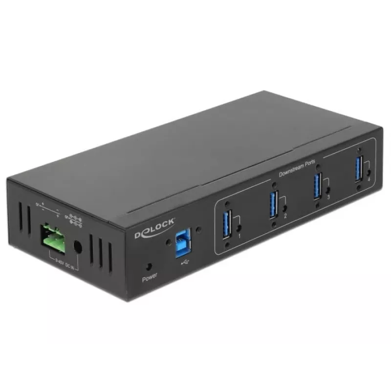 Delock 63309 externer Industrie-USB-Hub, 4 x USB 3.0 Typ-A, 15 kV ESD-Schutz, Metallgehäuse, wandmontierbar