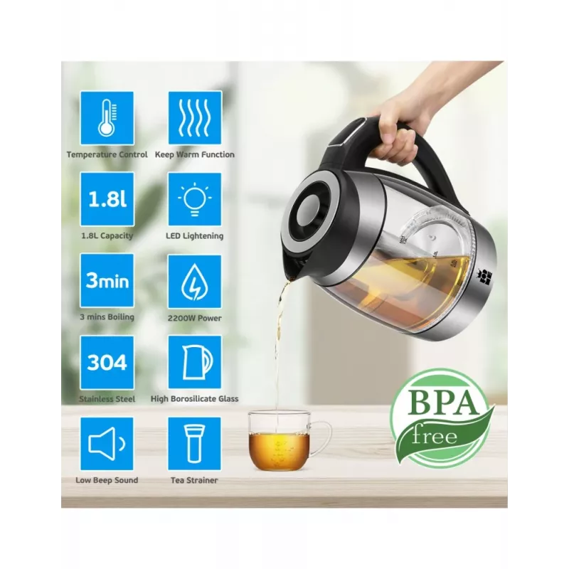 Forme FKG-448 Glas-Wasserkocher, 1,8 l, 2200 W, Temperaturregelung, Grau