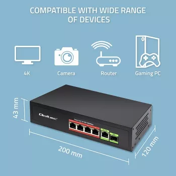 Ethernet PoE Switch QOLTEC 52296 — 4x RJ45 PoE-Ports, 1x RJ45 Uplink