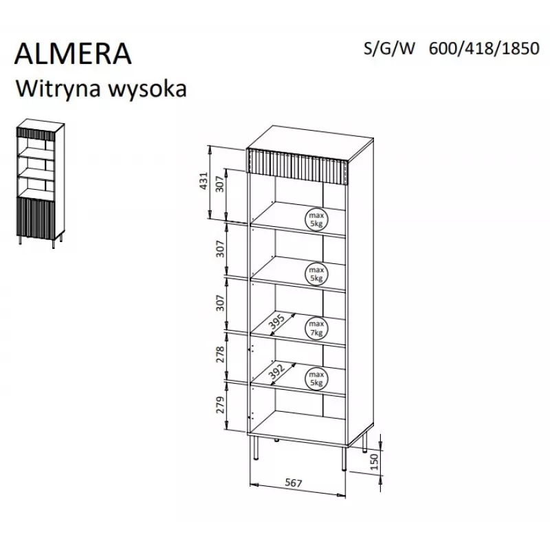 Cama 3 ALMERA Regal 60x42x185 Walnuss/Kaschmir