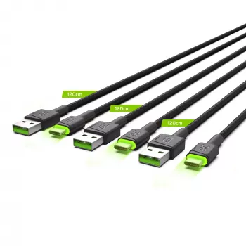 USB-C-Kabel Green Cell KABGCSET02 1,2 m (USB-A auf USB-C, 2,4 A, 480 Mbit/s) 3er-Pack mit LED-Hintergrundbeleuchtung