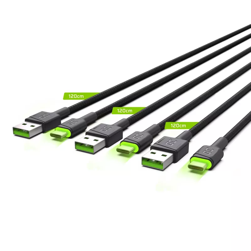 Green Cell Ray KABGCSET02 USB-A-auf-USB-C-Kabelset (3 Stk.), 1,2 m, 480 Mbit/s, grüne LED-Beleuchtung