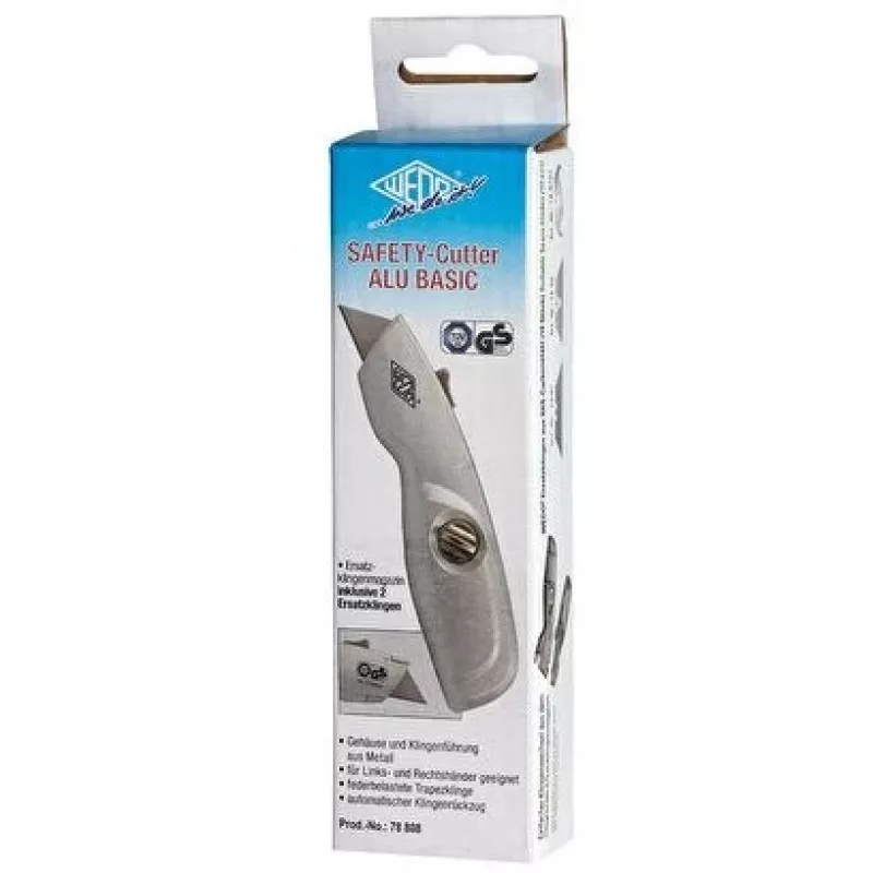 WEDO 78808 Safety-Cutter ALU Cuttermesser, Trapezklinge, federbelastet, selbsteinziehend, 2 Ersatzklingen, TÜV/GS, silber
