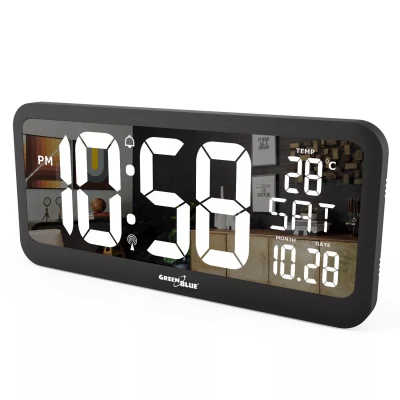 GreenBlue GB214 große digitale Wanduhr mit Temperatursensor und Datum, 37x17 cm LCD, Wandmontage oder freistehend, Netzadapter- und Batteriebetrieb