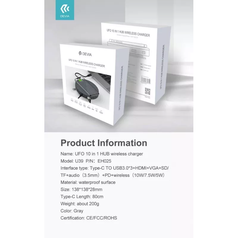 Devia UFO 10-in-1 USB-C-Hub mit kabellosem Ladegerät, Grau