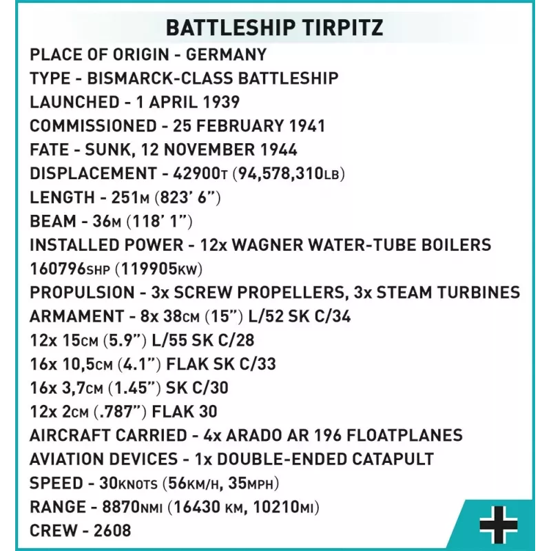 COBI 4839 Historical Collection Schlachtschiff Tirpitz Klemmbausteinset, 2810 Elemente, 1:300