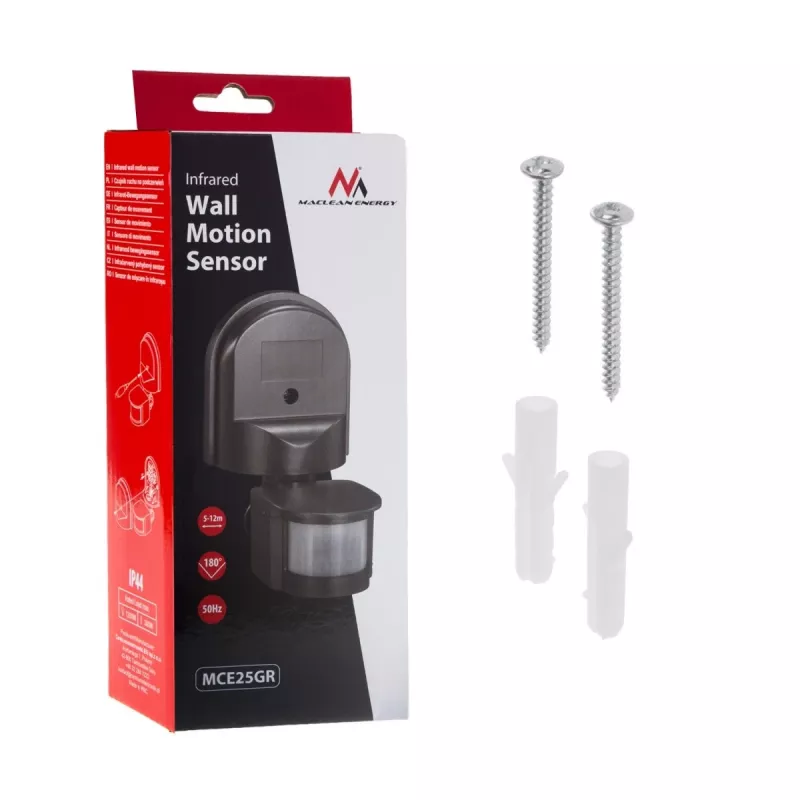 Maclean MCE25 GR Wandmontierter 180° Bewegungs- und Dämmerungssensor, max. 1200W, Grau