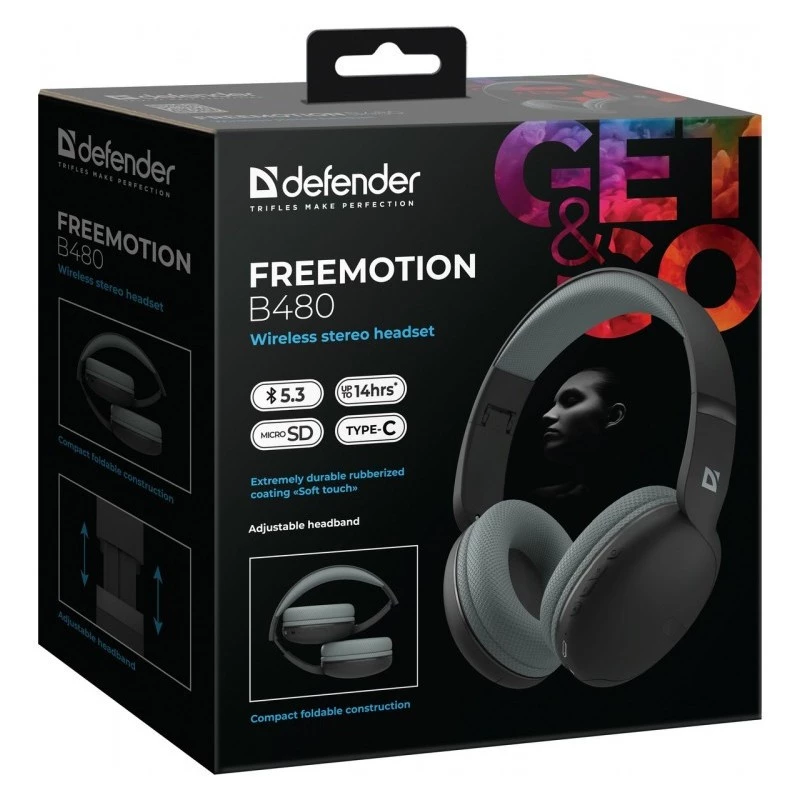Defender FreeMotion B480 63480 kabellose On-Ear-Kopfhörer, Bluetooth 5.3, USB-C, AUX, microSD, bis zu 14 Std., 20-20000 Hz, Schwarz