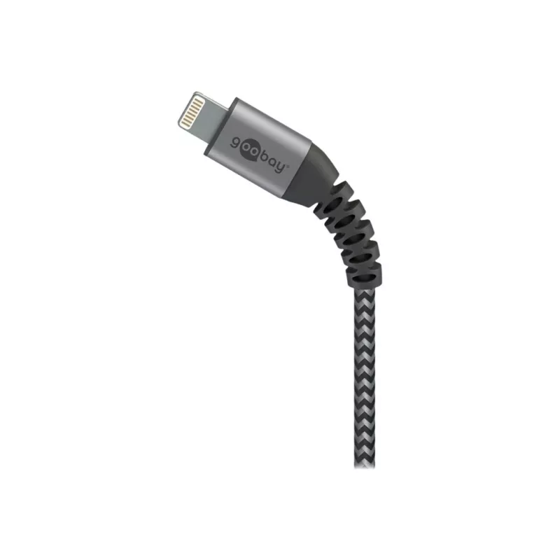 Goobay 49269 USB-A-auf-Lightning-Kabel, 2 m, Textilmantel, Metallstecker, MFi-zertifiziert, USB 2.0, Space Grau/Silber