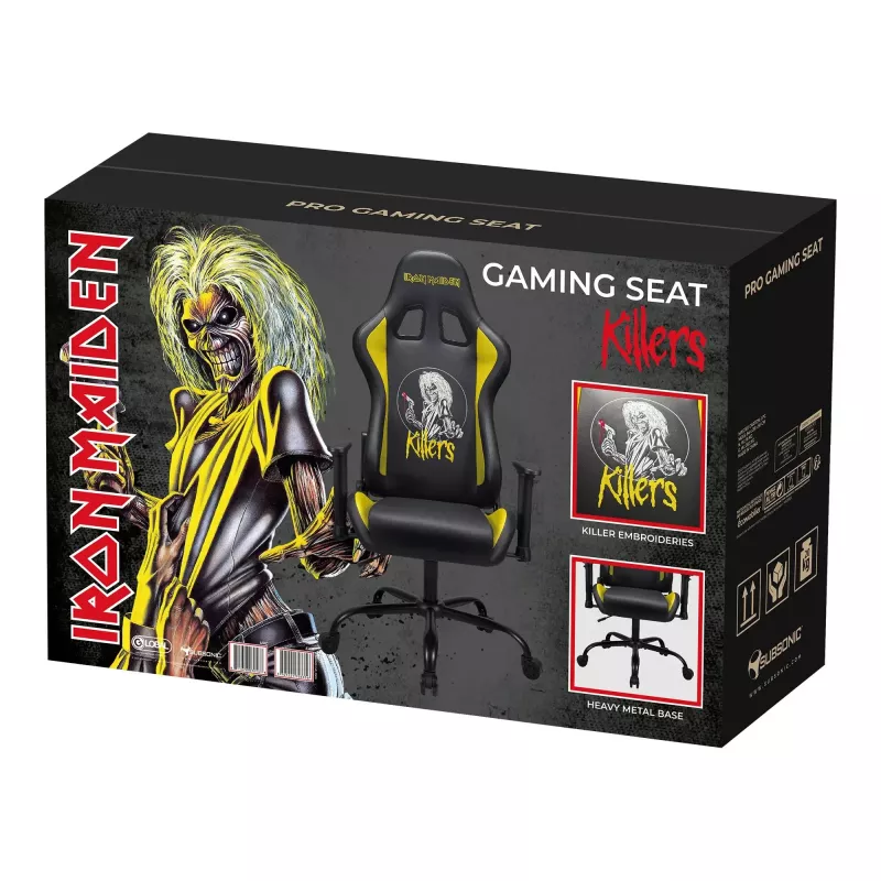 Subsonic SA5609-IM1 Pro Iron Maiden Killers Gaming-Stuhl, 3D-Armlehnen, Kunstleder, Neigung 90°–135°, 120 kg, Schwarz mit gelber Stickerei