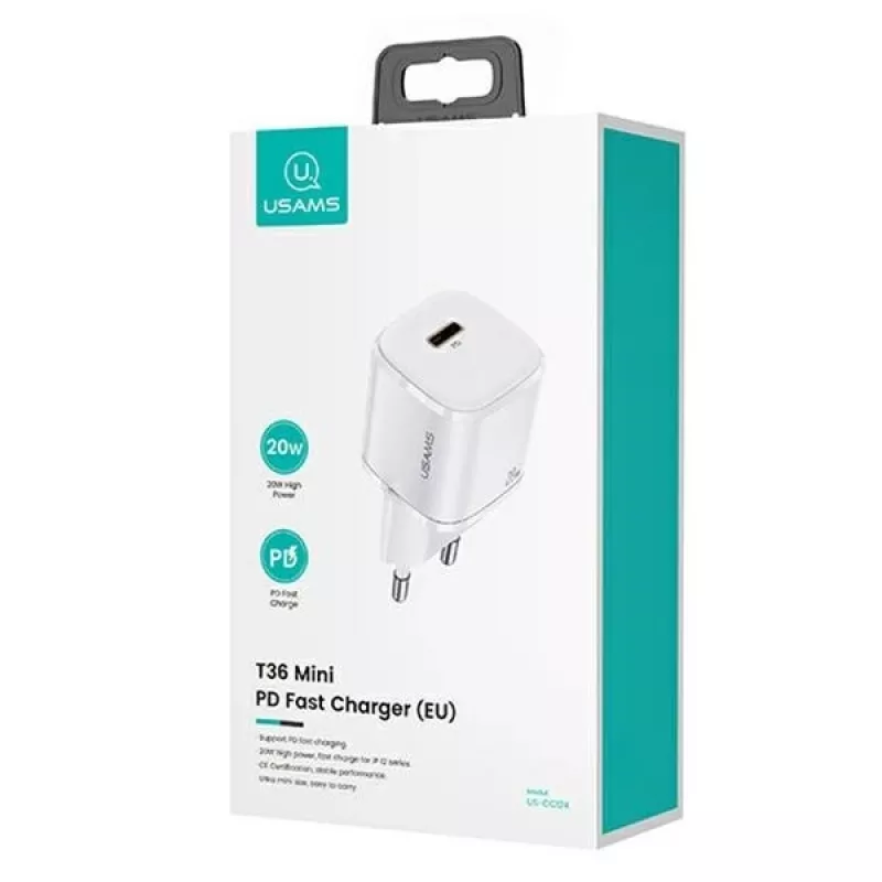 USAMS T36 Mini USB-C Netzladegerät, 20 W, PD 3.0, mit 1 m USB-C-auf-Lightning-Kabel