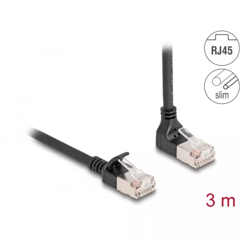 Netzwerkkabel DeLOCK RJ45 Cat.6A S/FTP schlank 90° 3 m Schwarz