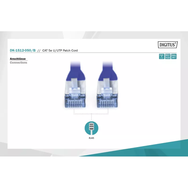 Netzwerk-Patchkabel DIGITUS Digitus CAT 5e U/UTP-Patchkabel, 5 m, U/UTP, RJ-45 – Blau