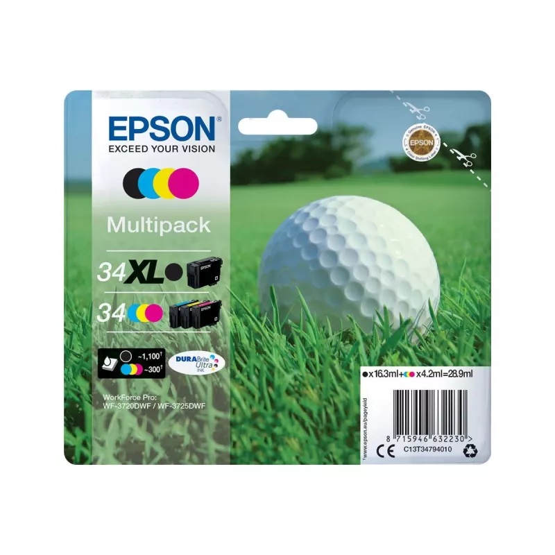 Epson 34XL XL Tintenpatronen-Multipack, Schwarz/Cyan/Magenta/Gelb (C13T34794020)