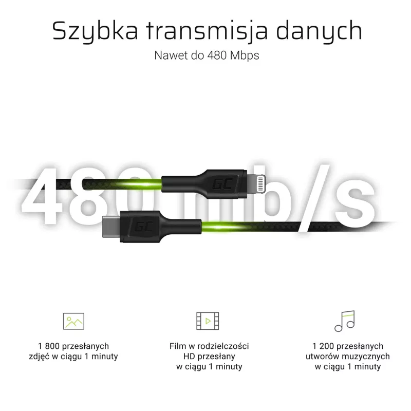 Green Cell PowerStream KABGC07 USB-C-auf-Lightning-Kabel, 1 m, PD, Apple MFi, schwarz