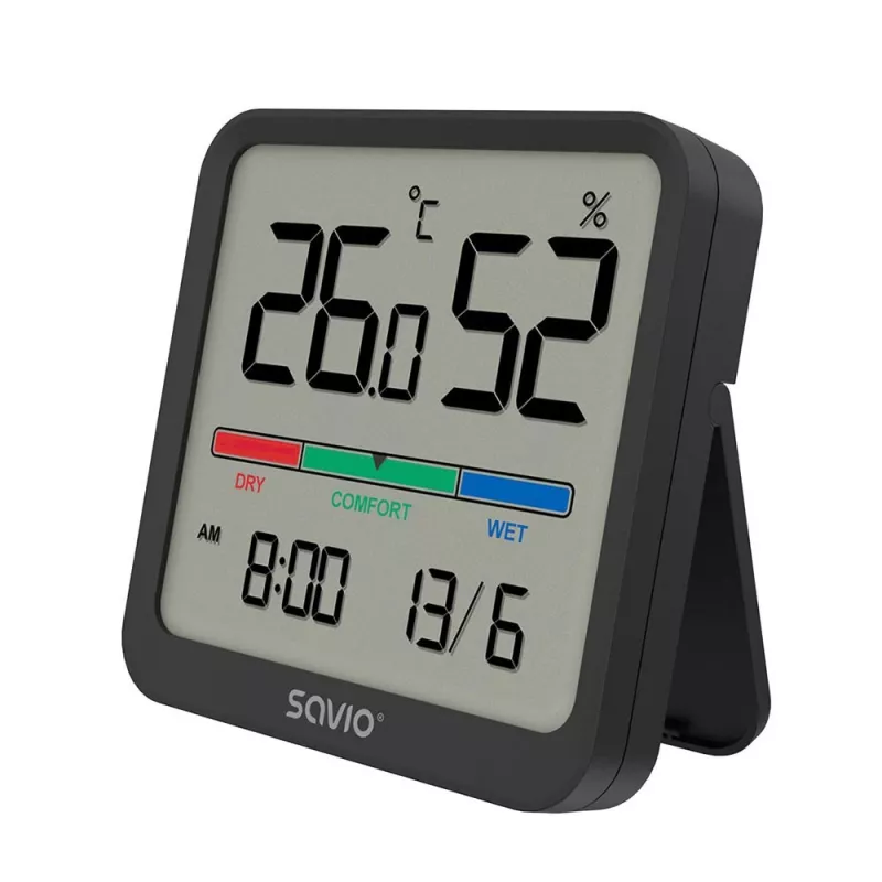Savio CT-01/B kabelloser Temperatur- und Feuchtigkeitssensor für den Innenbereich, LCD, Uhr, Datum, Magnethalterung, schwarz