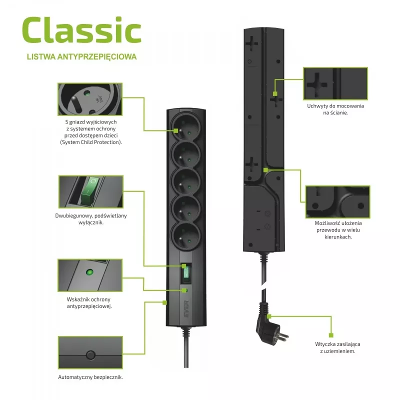 EVER CLASSIC T/LZ09-CLA015/0000 Überspannungsschutz-Steckdosenleiste, 5 Steckdosen Typ E, 250 V, 1,5 m Kabel, mit Schalter, Kindersicherung, schwarz