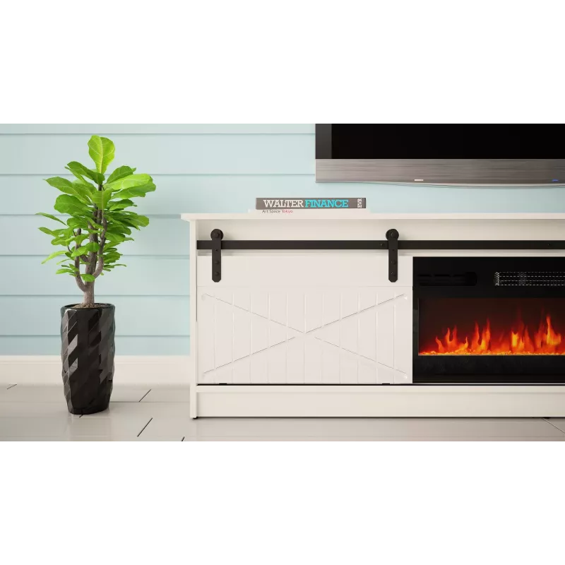 TV-Schrank mit elektrischem Kamin Cama Meble GRANERO Modell RTV GRANERO + KOM B/B, 200 x 56,7 x 35 cm, Weiß/Hochglanzweiß, 2 Türen, 2 Einlegeböden, MDF/Spanplatte