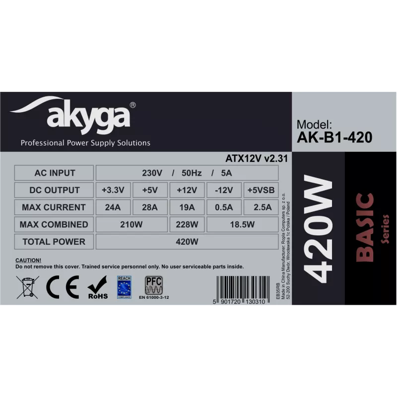 Akyga Basic AK-B1-420 ATX-Netzteil 420 W, 120-mm-Lüfter, passive PFC, Grau