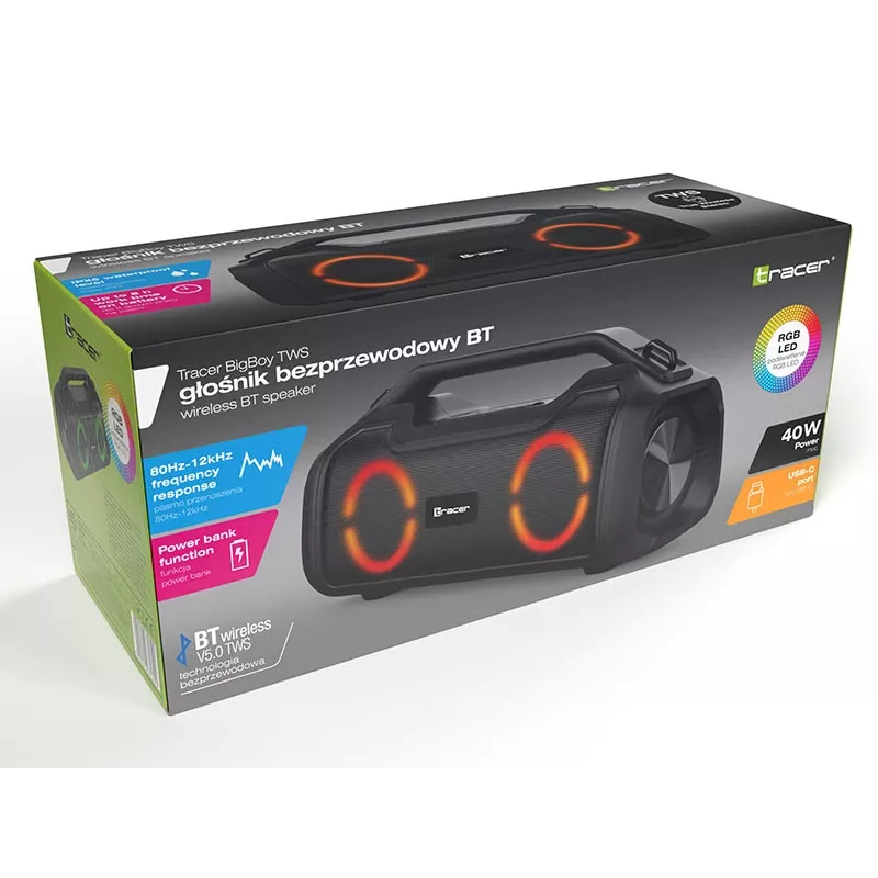 Stereo tragbarer Lautsprecher TRACER BigBoy TWS Bluetooth 40 W RMS, Bluetooth 5.3, 12 h Akku, Schwarz