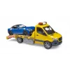 Bruder MB Sprinter Autotransporter mit Light & Sound Modul, orange/blau, inkl. Roadster