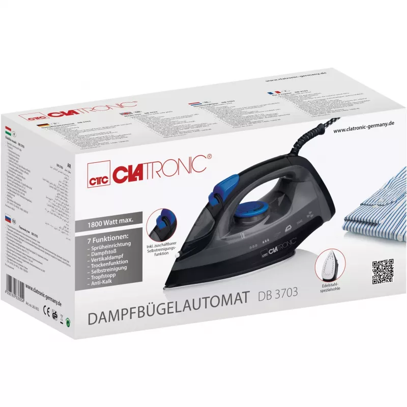 Iron CLATRONIC DB 3703 — Dry & Steam iron, Stainless Steel soleplate, 1800 W, Schwarz/Grau