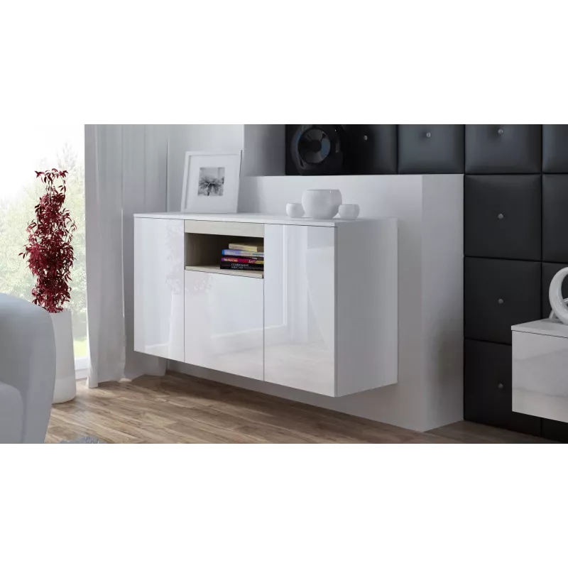 Cama Meble VIVA 150 Sideboard, weiß/weiß Hochglanz + Sonoma-Eiche