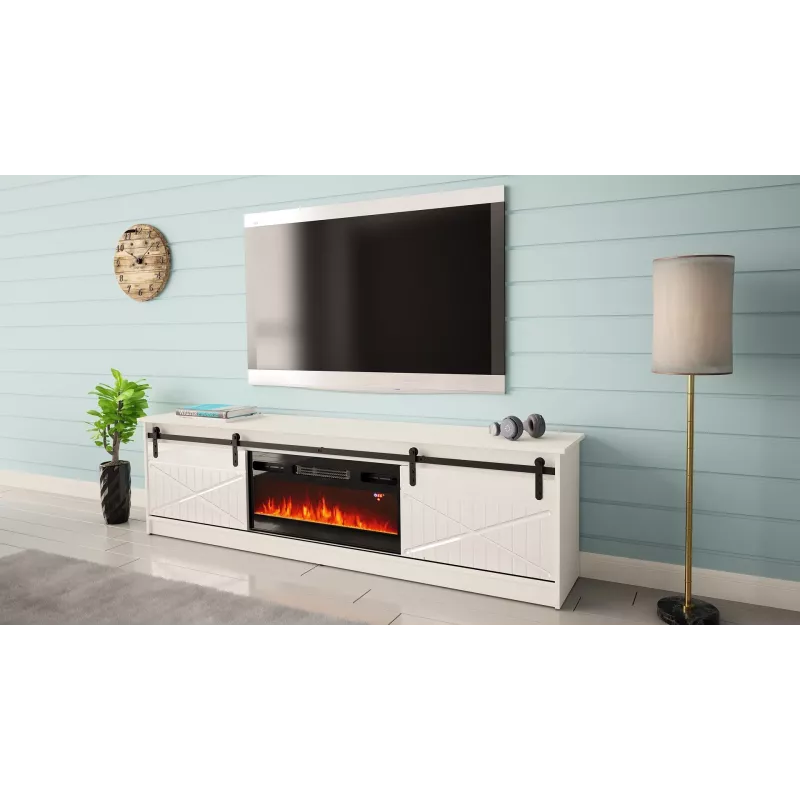 TV-Schrank mit elektrischem Kamin Cama Meble GRANERO Modell RTV GRANERO + KOM B/B, 200 x 56,7 x 35 cm, Weiß/Hochglanzweiß, 2 Türen, 2 Einlegeböden, MDF/Spanplatte