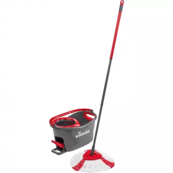 Wischmopp VILEDA EasyWring & Clean Turbo, roter Technopolymer-Eimer, abnehmbarer waschbarer Mikrofaserbezug, für Hartböden