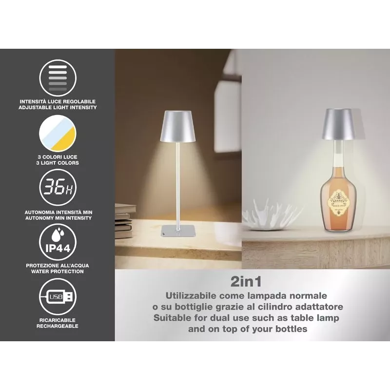Beper P201UTP117 aufladbare LED-Tischlampe, 1,5 W, Touch-Schalter, dimmbar, 33-mm-Flaschenadapter, wasserbeständig, silber