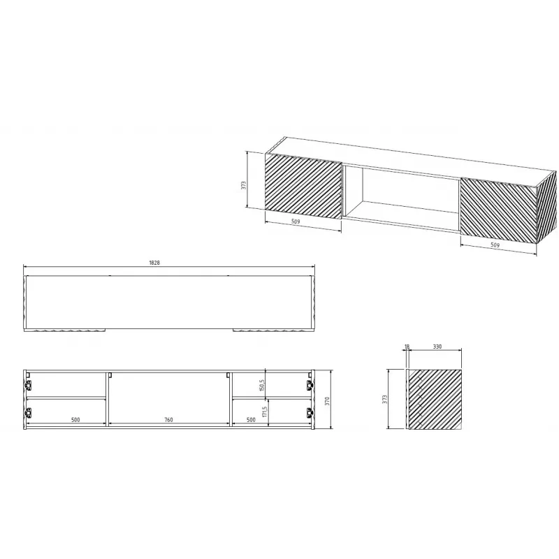 TV-Schrank Cama Meble LARA 183x35x37 cm, weiße matte Oberseite, weißer Rahmen, schwarzer Kamin