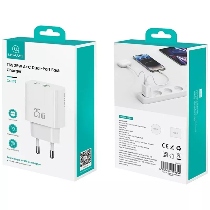 Ladegerät usams USA001630 25W, 1× USB-A + 1× USB-A, Schnellladung