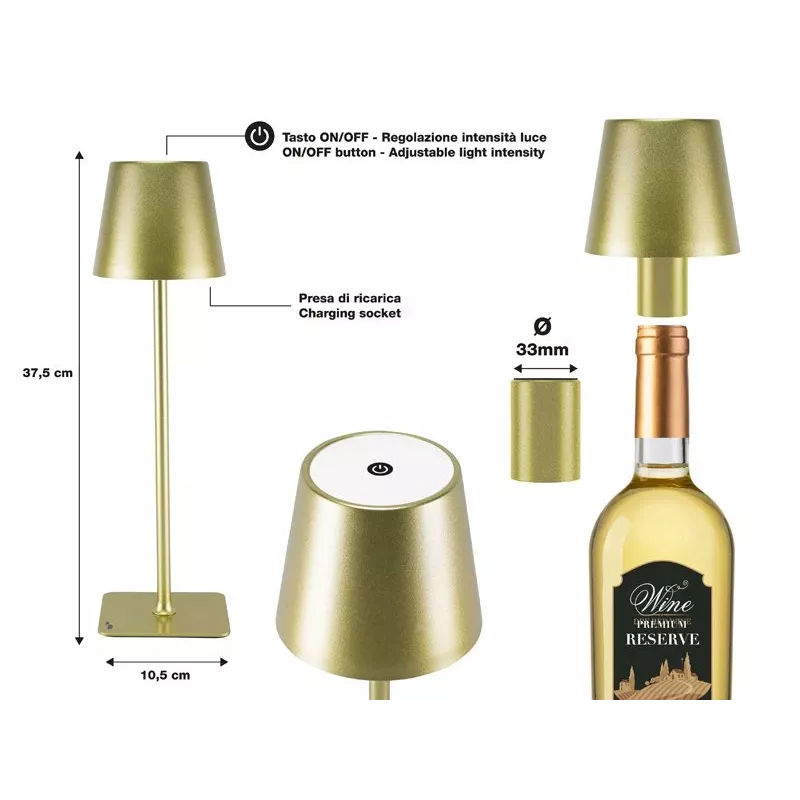 Beper P201UTP116 wiederaufladbare LED-Tischleuchte, 1,5 W, Touch-Schalter, dimmbar, 33-mm-Flaschenadapter, wasserbeständig, Gold