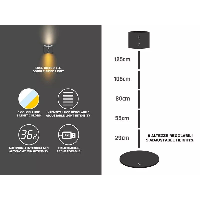 Beper P201UTP306 aufladbare höhenverstellbare LED-Lampe, stehend und wandmontierbar, 2,3 W, dimmbar, schwarz