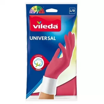 Haushaltsreinigungs-Handschuhe VILEDA 166566 Baumwollgefütterter Latex, Größe L, pink, verstärkte Fingerspitzen, chemikalien- und wasserbeständig