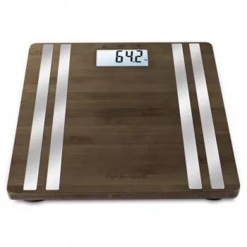 Elektronische Personenwaage Medisana BS 552 — silberfarben mit Bambus-Oberfläche, max. 180 kg, 100-g-Genauigkeit, Bluetooth, BMI, Körperzusammensetzung