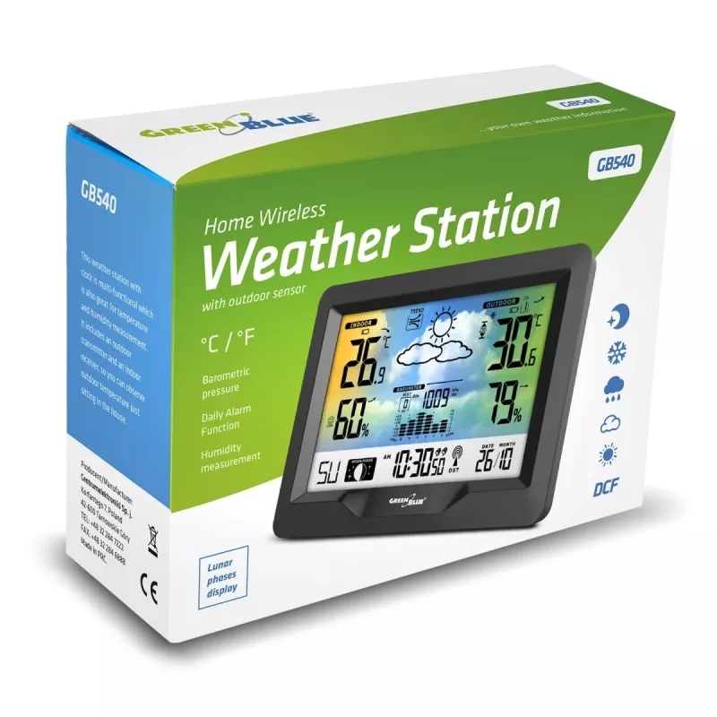Hygrometer Thermometer GreenBlue GB540 — indoor 0–50°C / outdoor -20–65°C, DCF-Uhr, Außensensor 60 m, schwarz