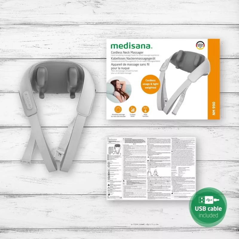 Nackenmassagegerät Medisana NM 990, batteriebetrieben, 24 W, Wärmefunktion, 3 Geschwindigkeiten, 2 Programme, grau