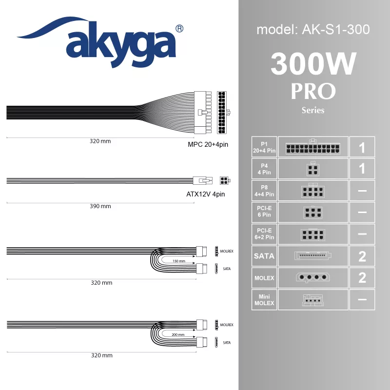 Akyga AK-S1-300 300 W SFX-Netzteil, passive PFC, 80-mm-Lüfter, schwarz