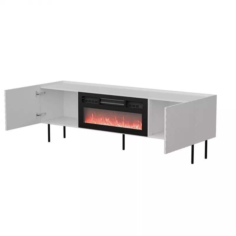 TV cabinet cama meble LUCCA 180x40x59 cm, weiße Oberseite und Rahmen, schwarzer elektrischer Kamin