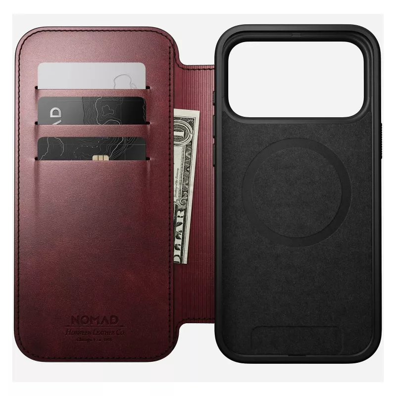 Handyhülle Nomad Modern Leather Folio für iPhone 17 Pro Max — Leder, TPU, PC, Aluminium, Burgund, 16 cm (6,3 Zoll)
