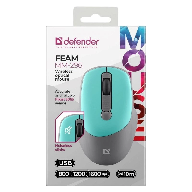 Defender Feam MM-296 52294 kabellose Maus, leiser Klick, optisch, 1600 DPI, USB, Mint