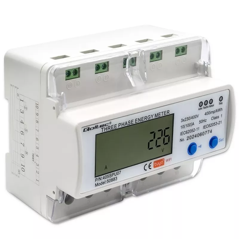 Dreiphasen-Energiezähler QOLTEC 50883 Wi‑Fi 400V mit LCD-Anzeige