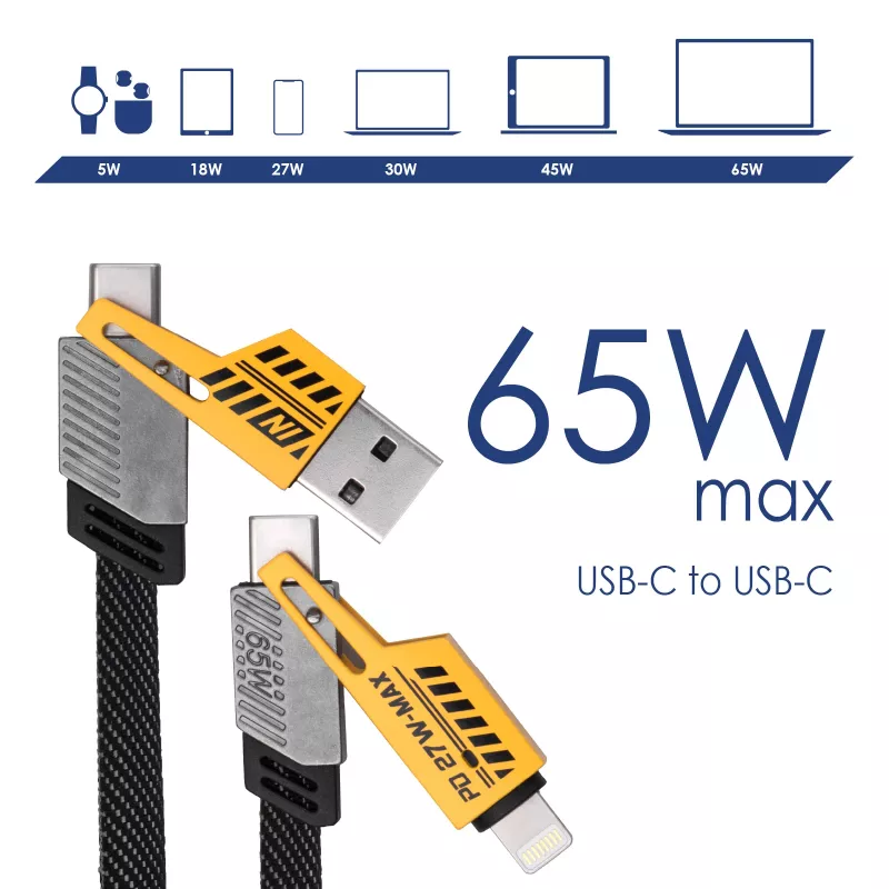 Akyga AK-USB-57 geflochtenes 4-in-1-Kabel USB-A/USB-C auf USB-C/Lightning, USB 2.0, 65 W, 1 m, Grau