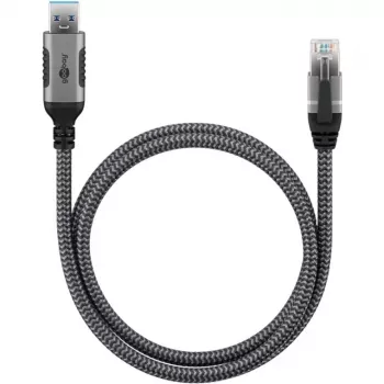 Ethernet-Kabel USB-A 3.2 Gen1 Stecker > RJ-45 Stecker, LAN-Adapter schwarz/Silber, 3 Meter, geflochtenes Textilmantel