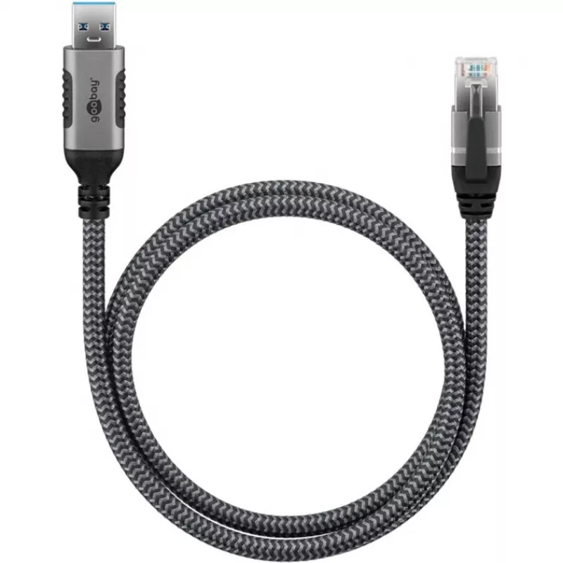 Ethernet-Kabel USB-A 3.2 Gen1 Stecker > RJ-45 Stecker, LAN-Adapter schwarz/Silber, 3 Meter, geflochtenes Textilmantel