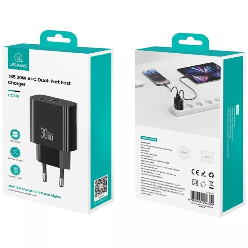 USAMS Ladegerät USA001631 30W mit 1x USB-C und 1x USB-A Schnellladung